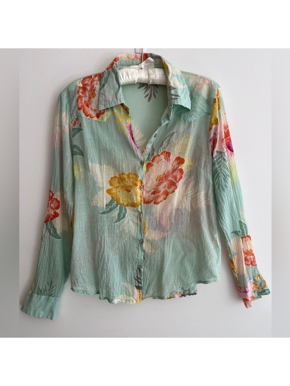 COTTON DAISY Lightweight Button Front Long Sleeve Shirt Pastel Tropical Floral